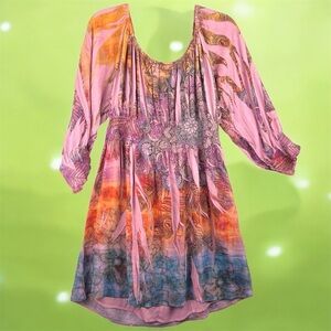Unity World Wear Purple and Orange Boho Dress Sheer Balloon Sleeves Colorful XL